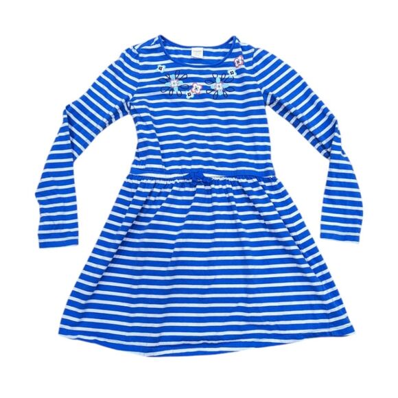 Gymboree Blue White Striped Floral Flower Cotton Long Sleeve Dress Girls Size 10 - Picture 1 of 4